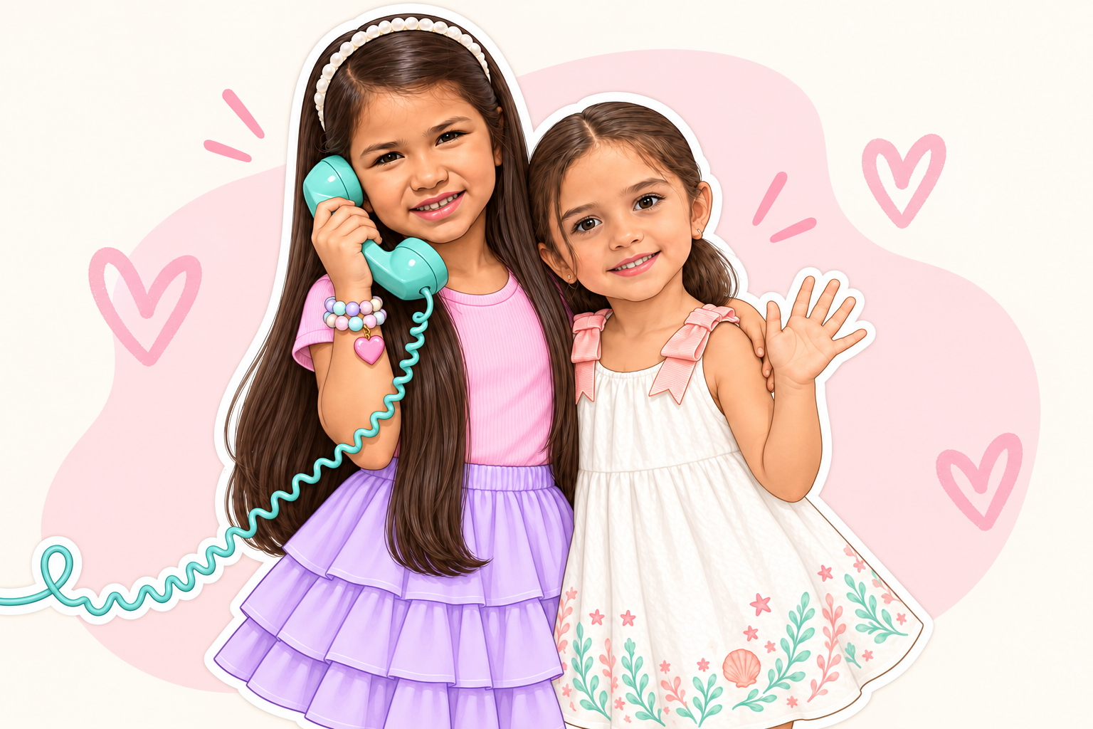 Ilustración de Cari y Mica saludando con un teléfono