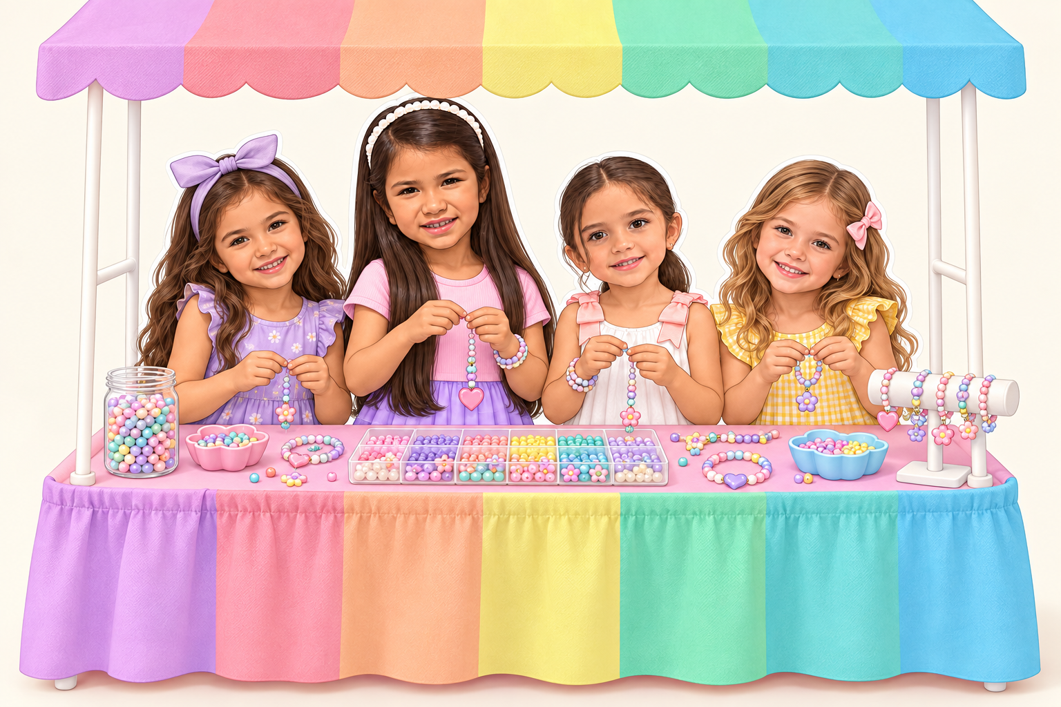 Ilustración de Mica y Cari creando accesorios con otras niñas en su mesa pastel